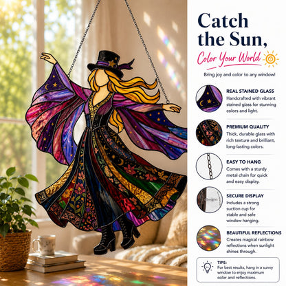 💃 70s Rock Witch🤘 Handmade Stained Glass Spinning Suncatcher