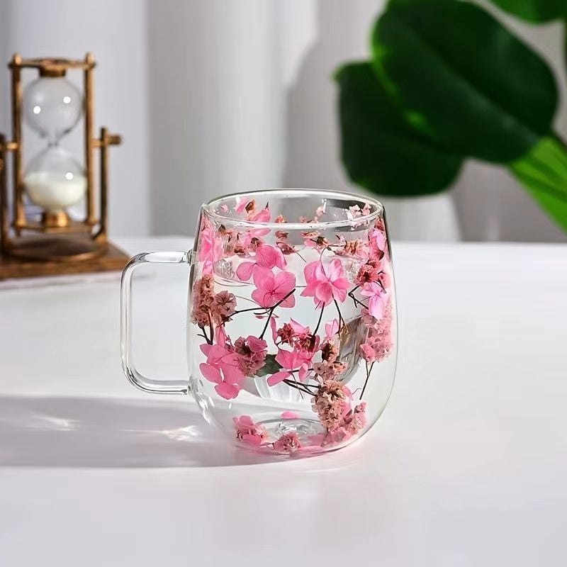 🎄🌸Transparent Double Glass Flower Tea Cup 350 ml