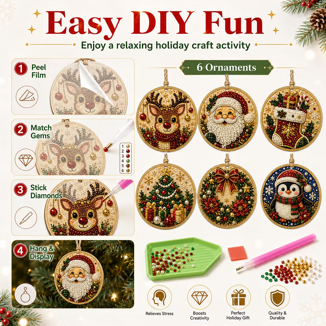 6Pcs DIY Wooden Christmas Tree Diamond Painting Ornaments