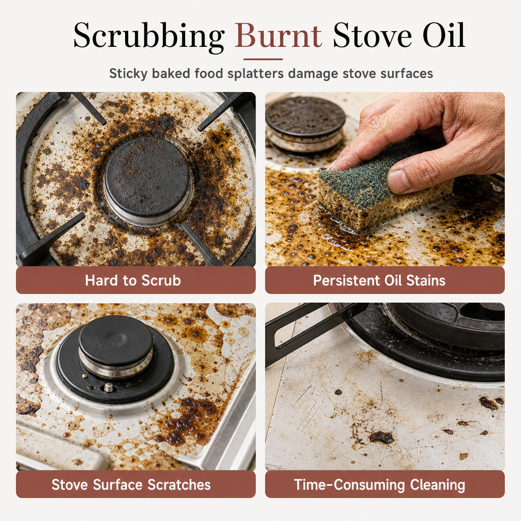 Cooking splatters and residue on an unlined cooktop