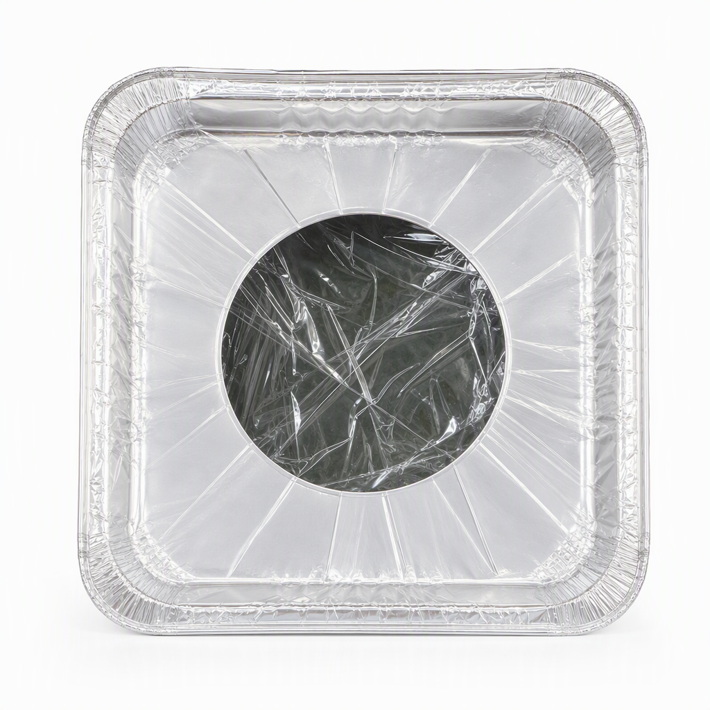 Square foil liner with raised edges and center opening