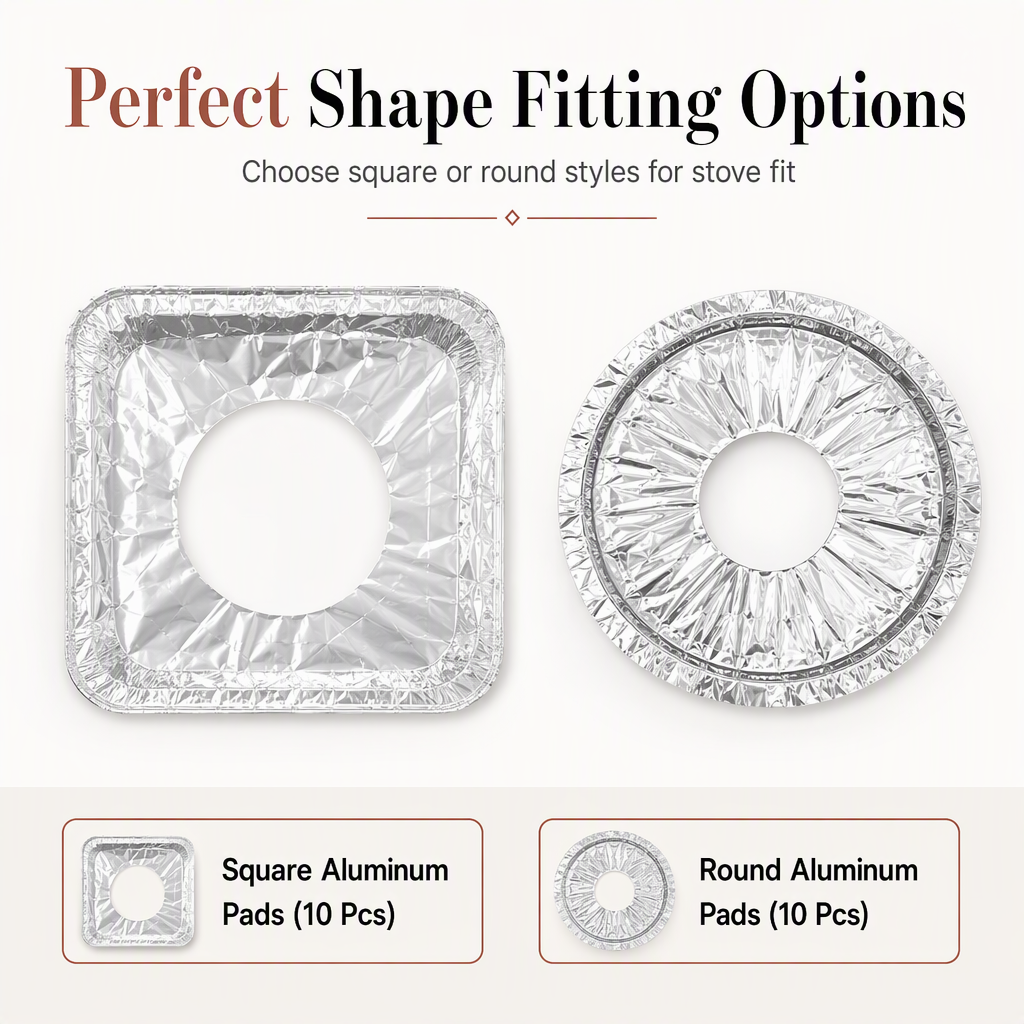 Circle and square aluminum foil burner liners in 10-piece packs