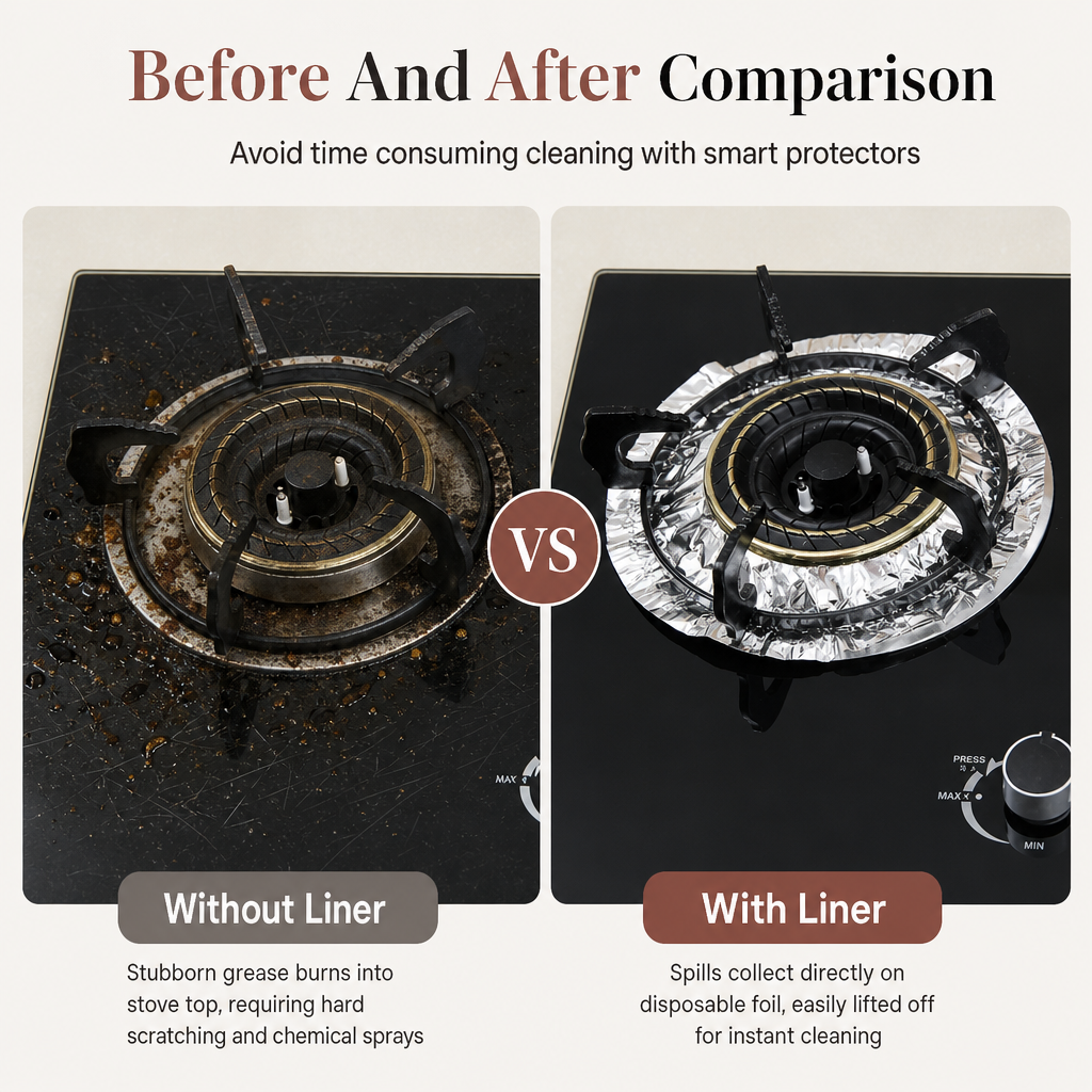 Cooktop shown with and without a foil liner